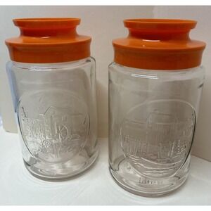 Vintage Glass Canisters Orange‎ Lid Tang Anchor Hocking Wharf And Wheel House 7"